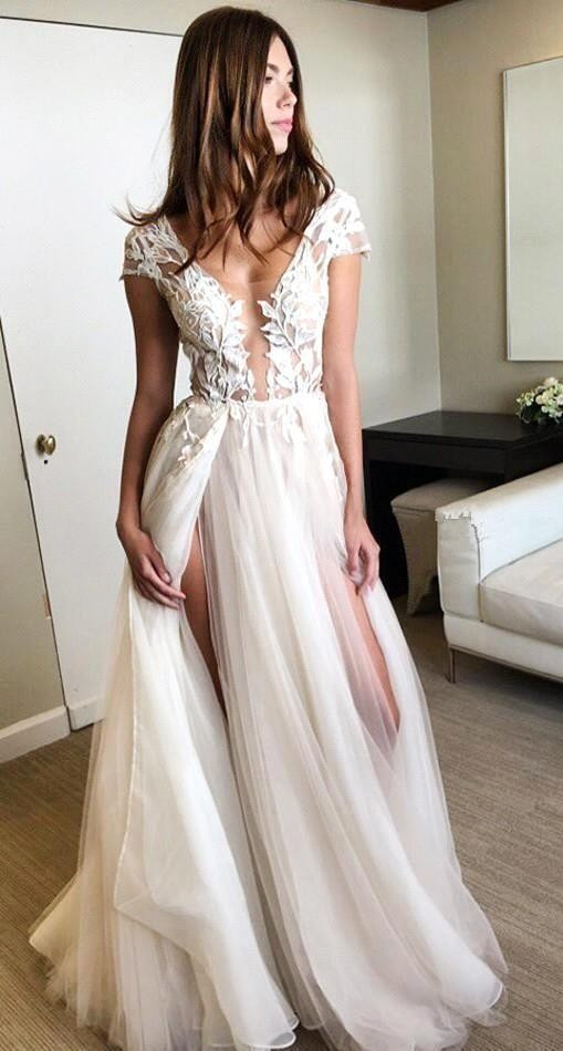 Long A-line V-neck Tulle Applique Lace Open Back Wedding Dresses with Side Slit - YESBABYONLINE