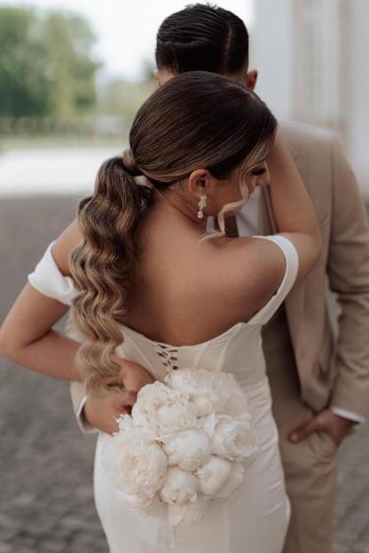 Elegant Long Sleeveless Floor-Length Off the Shoulder Satin Mermaid Wedding Dresses with Slit - YESBABYONLINE