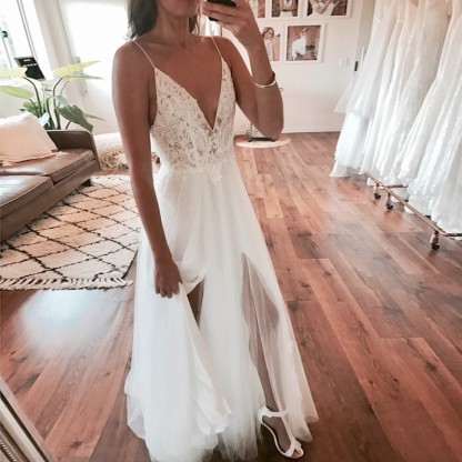 Sexy Long A-Line V-Neck Tulle Lace Open Back Wedding Dresses with Slit - YESBABYONLINE