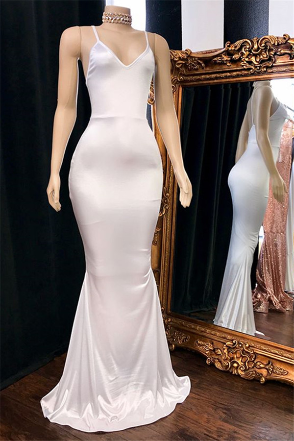 Gorgeous White Long Spaghetti Straps V-Neck Sleevless Mermaid Prom Dresses - YESBABYONLINE
