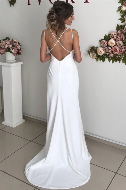 Sexy White Long Mermaid Backless Spaghetti Straps Backless Wedding Dresses with a Split - YESBABYONLINE