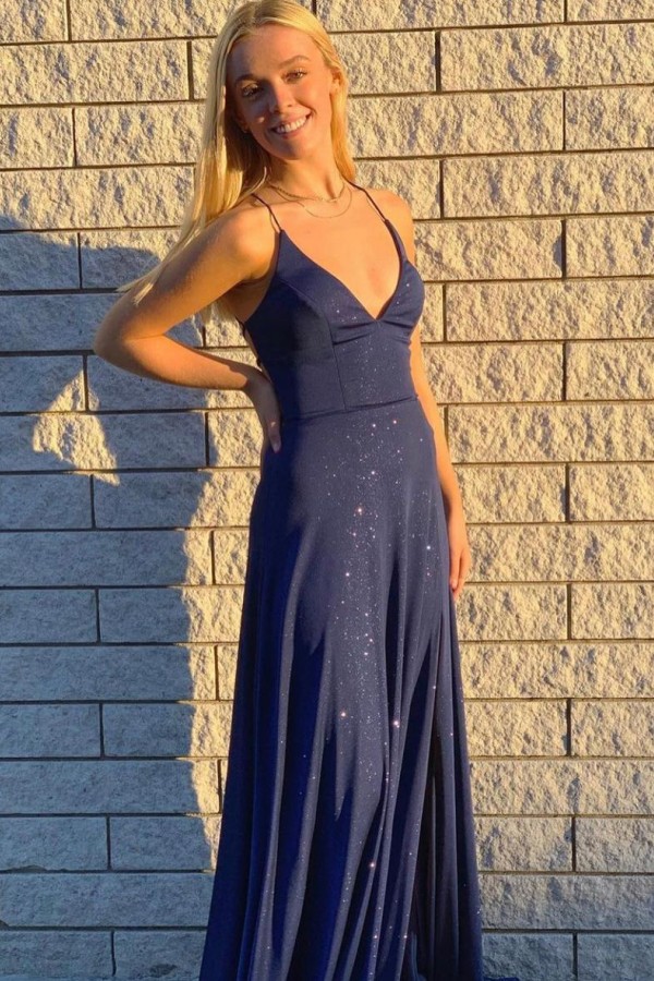 Dark Navy Long Mermaid V-neck Glitter Open Back Prom Dresses - YESBABYONLINE