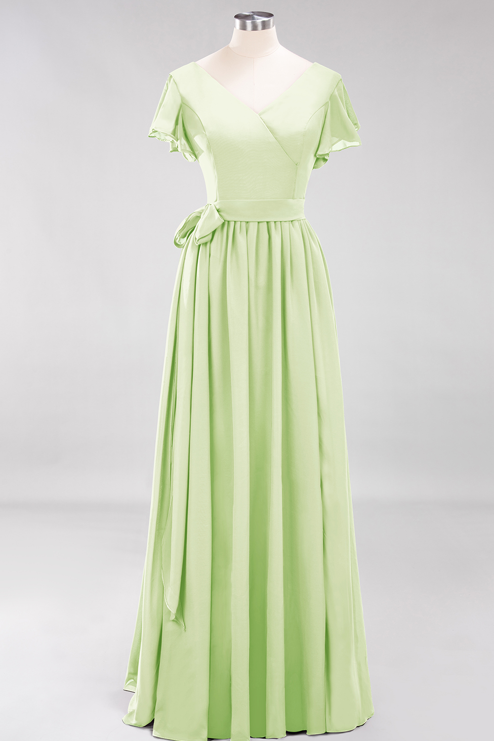 Elegant A-line V-Neck Short Sleeves Floor-Length Bridesmaid Dresses with Bow Sash - YESBABYONLINE