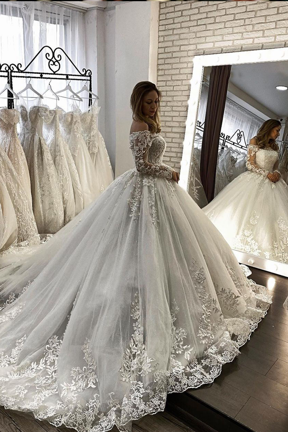 Long Ball Gown Off the Shoulder Lace Tulle White Wedding Dresses with Sleeves - YESBABYONLINE