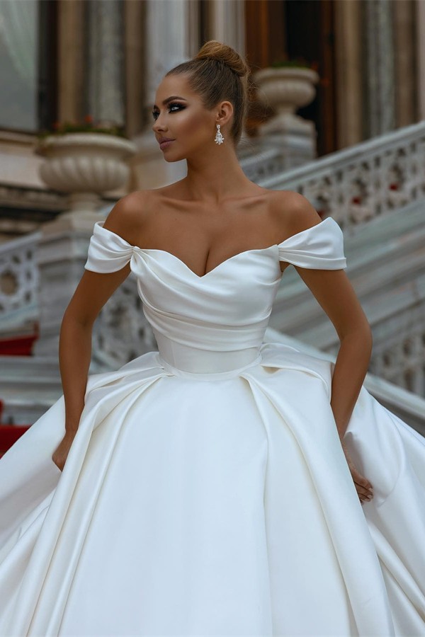 Elegant Long Off the Shoulder Satin Ball Gown Wedding Dress - YESBABYONLINE