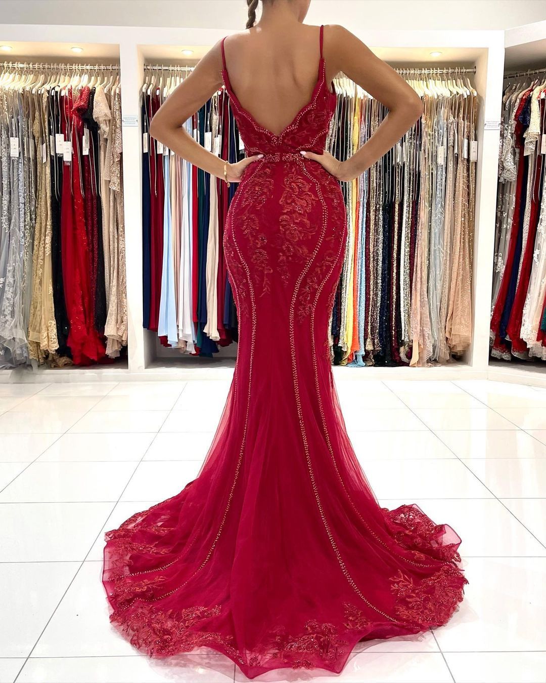 Charming Long V-Neck Mermaid Appliques Lace Tulle Beading Backless Prom Dress - YESBABYONLINE