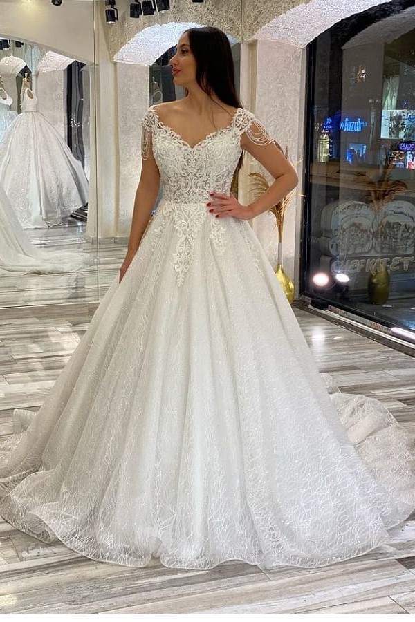 Long A Line Sweetheart Sleeveless Sequined Tulle Wedding Dresses with Court Train  - YESBABYONLINE