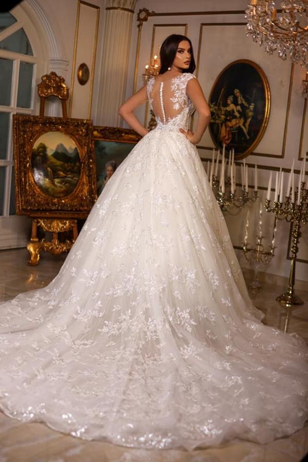 Chic Long Sweetheart Floor length Sleeveless Lace Ball Gown Wedding Dress - YESBABYONLINE