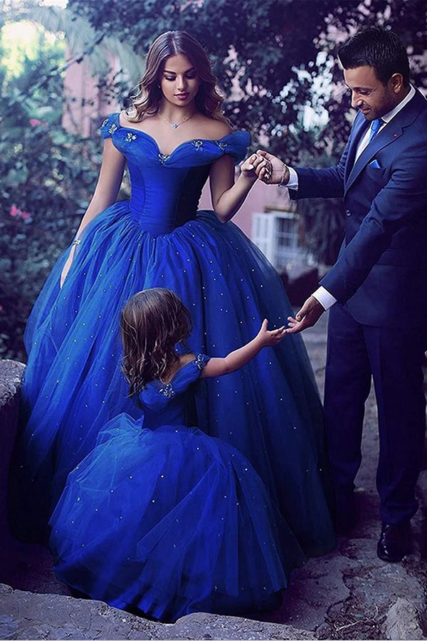 Gorgeous Royal Blue Long Ball Gown Off The Shoulder Tulle Prom Dress - YESBABYONLINE