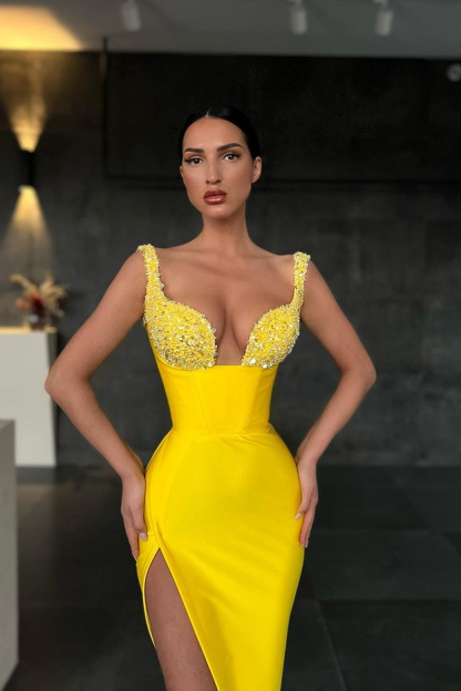 Fabulous Long V-Neck Sleeveless Split Front Mermaid Satin Prom Dresses - YESBABYONLINE