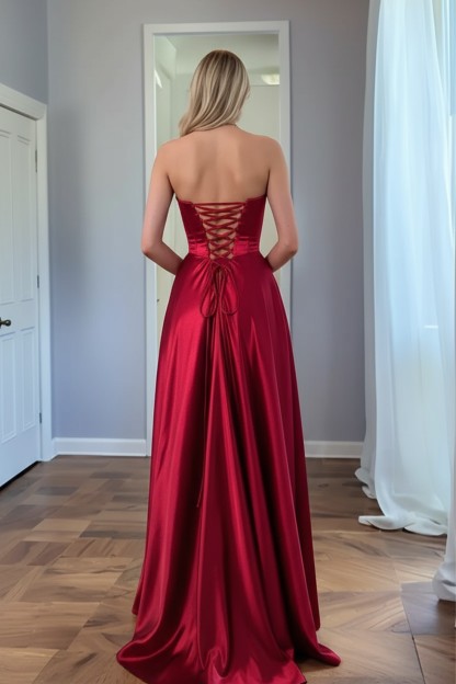 A line Stain Strapless Floor-Length Satin Prom Dresses