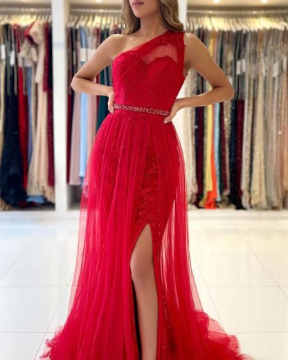 Vintage Long One Shoulder Tulle Split Lace Mermaid Prom Dresses - YESBABYONLINE