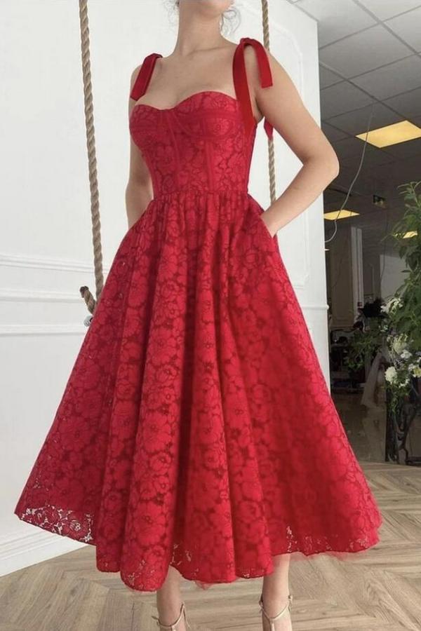 Classy Short Spaghetti Straps Appliques Lace Knee length A-Line Prom Dress With Pockets - YESBABYONLINE