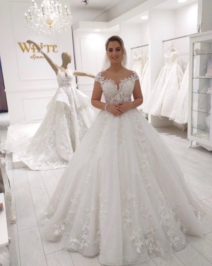 Gorgeous Long A-line Off-the-shoulder Lace Tulle Wedding Dress - YESBABYONLINE