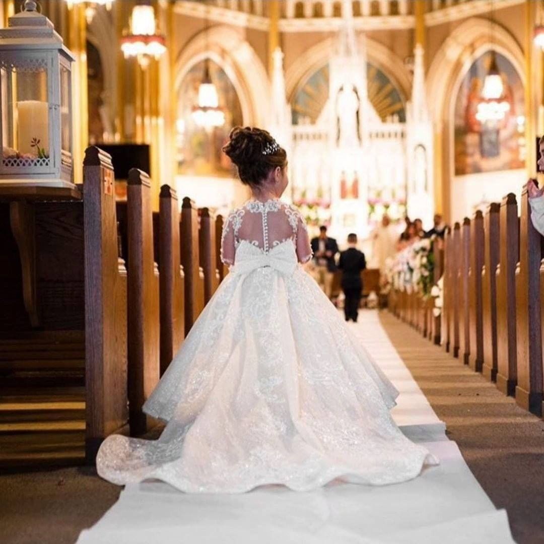 Princess A-line Sweep Train Lace Flower Girl Dresses with Long Sleeves - YESBABYONLINE