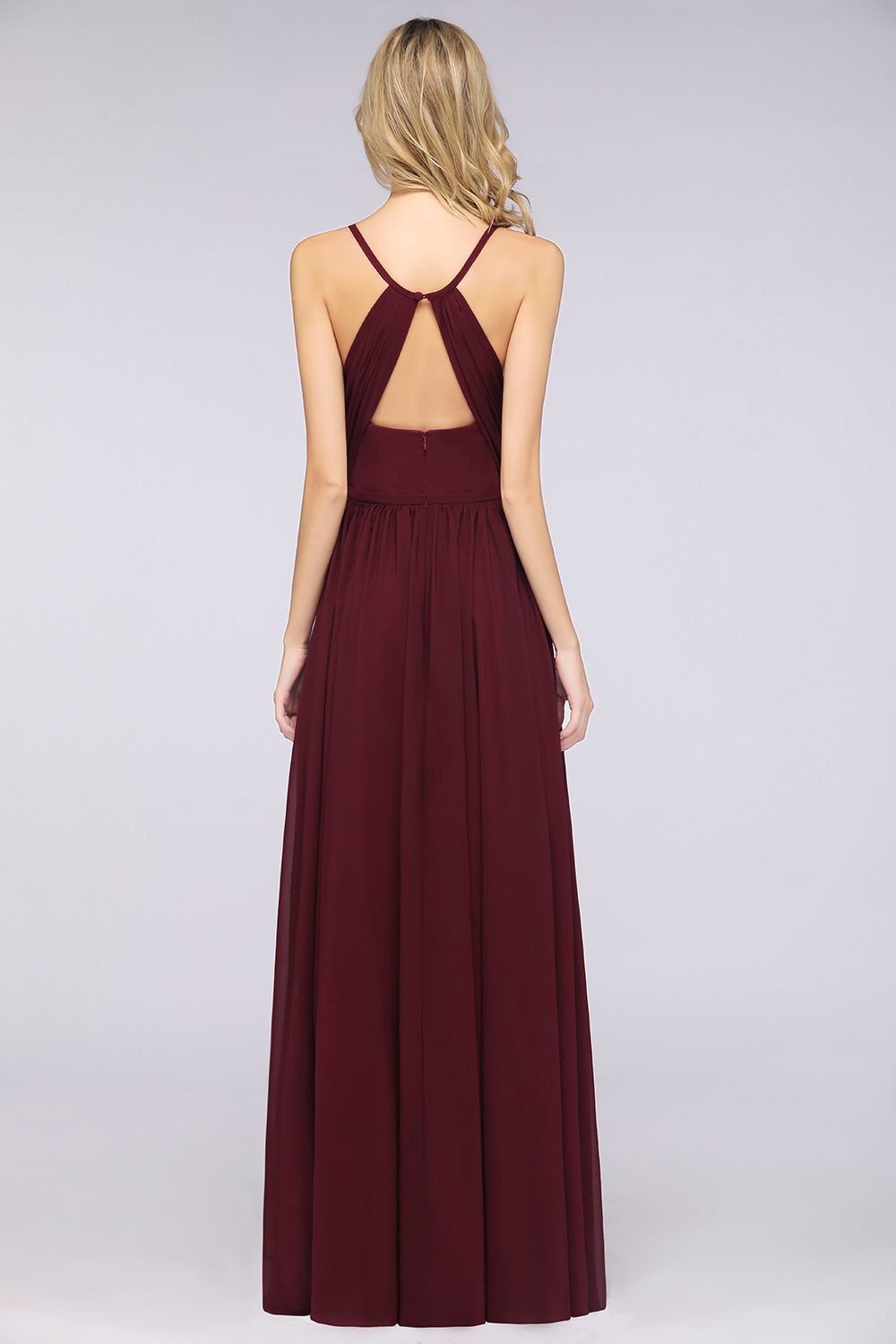 A-Line Spaghetti-Straps V-Neck Sleeveless Floor-Length Bridesmaid Dress with Ruffles - YESBABYONLINE