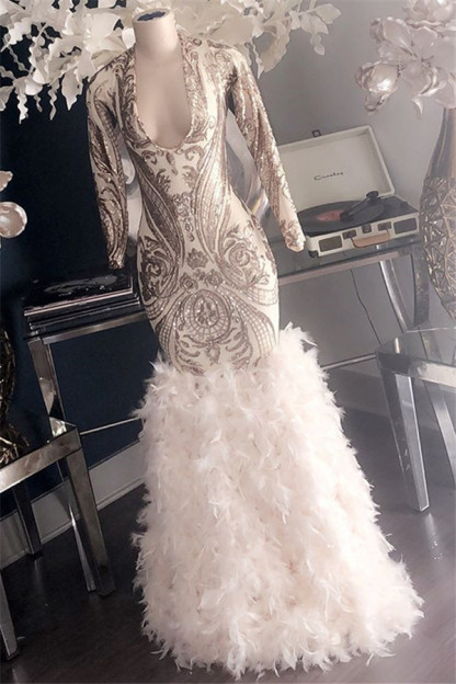 Glamorous Long Mermaid V-Neck Sequined Prom Dresses with Sleeves - YESBABYONLINE