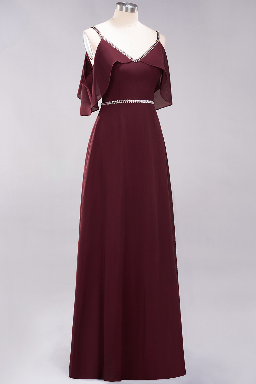 Elegant A-line V-Neck Spaghetti Straps Sleeveless Floor-Length Bridesmaid Dresses with Beading Sash - YESBABYONLINE