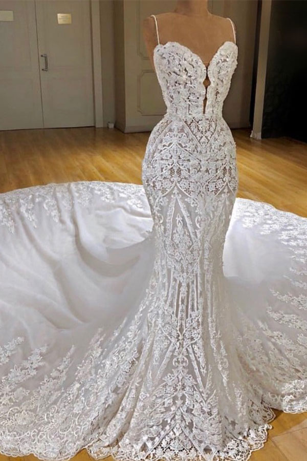 Gorgeous Long Sweetheart Spaghetti Straps Lace Mermaid Wedding Dresses - YESBABYONLINE