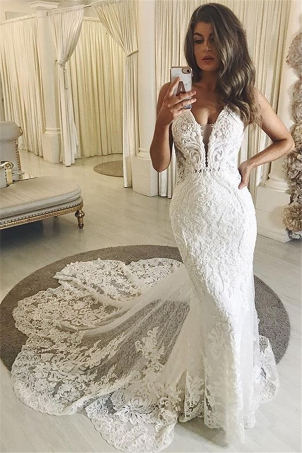 Sexy Long Mermaid V-neck Lace Tulle Wedding Dresses With Chapel Train - YESBABYONLINE