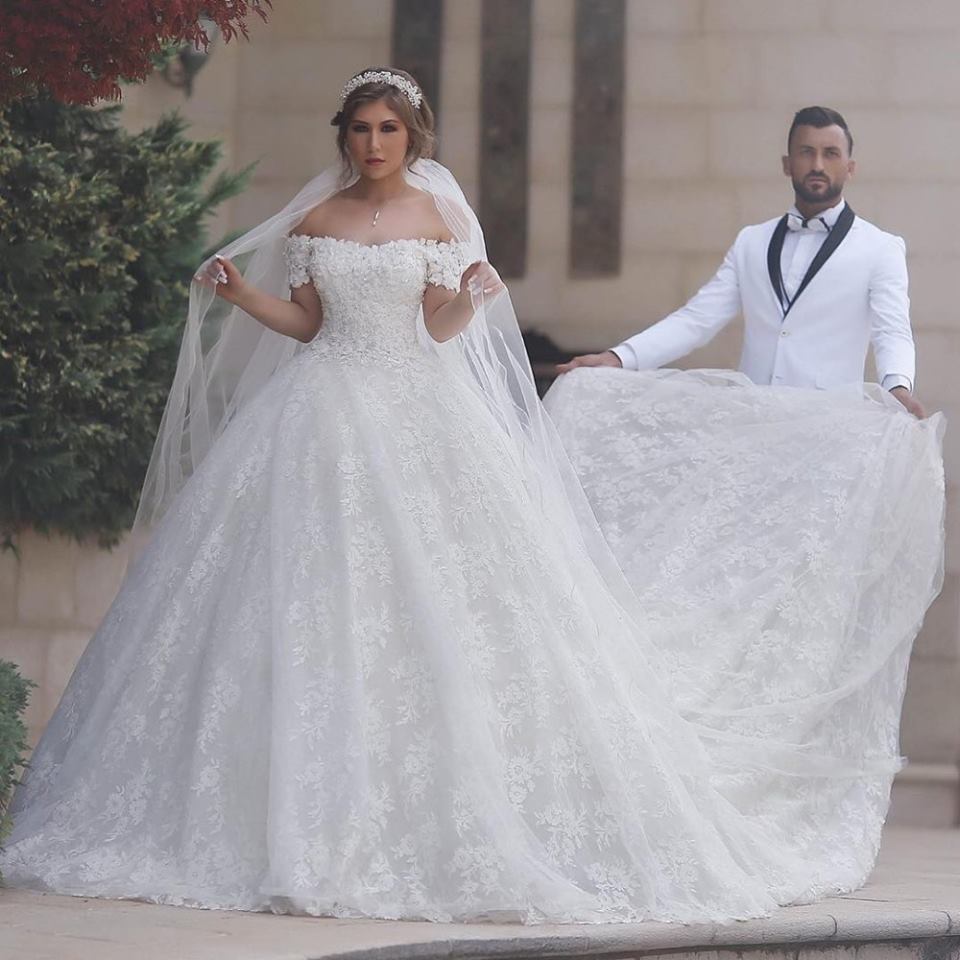 Long Ball Gown Off the Shoulder Tulle Appliques Lace White Wedding Dress - YESBABYONLINE