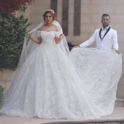 Long Ball Gown Off the Shoulder Tulle Appliques Lace White Wedding Dress - YESBABYONLINE
