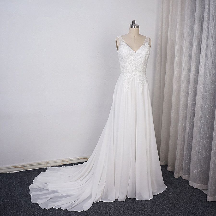 Elegant Long V-neck Chiffon A-Line Appliques Lace Wedding Dress - YESBABYONLINE
