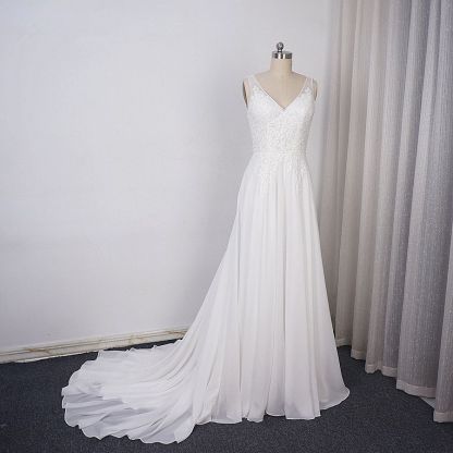 Elegant Long V-neck Chiffon A-Line Appliques Lace Wedding Dress - YESBABYONLINE
