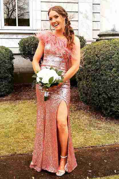 Feather One-Shoulder Purple Long Party Dress with Slit