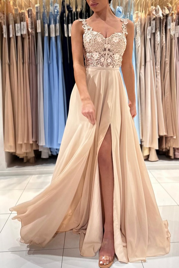 Elegant Long A-line Straps Sleeveless Lace Chiffon Prom Dress with Slit - YESBABYONLINE