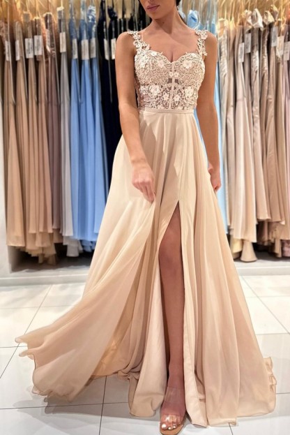 Elegant Long A-line Straps Sleeveless Lace Chiffon Prom Dress with Slit - YESBABYONLINE