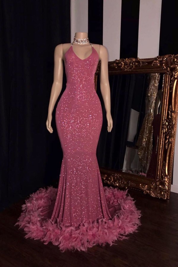 Long Mermaid Spaghetti Straps V-neck Sequined Evening Prom Dresses - YESBABYONLINE