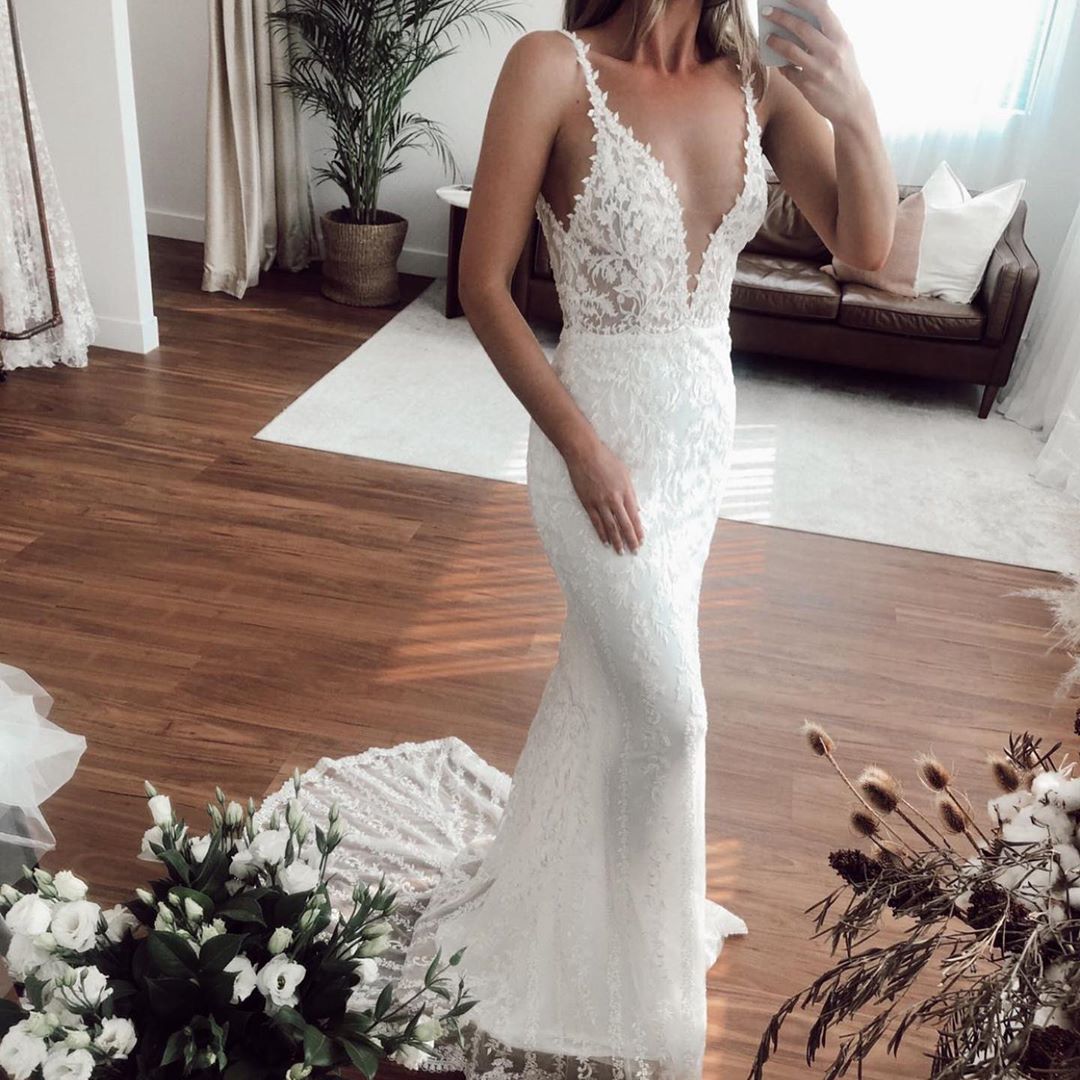 Sexy Long Mermaid V-neck Straps Applique Lace Floor Length Wedding Dresses With Detachable Train - YESBABYONLINE
