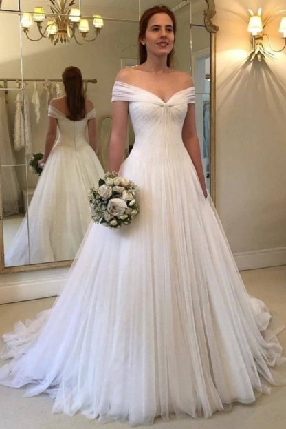 Simple Long A-Line Off-The-Shoulder Tulle Wedding Dresses - YESBABYONLINE