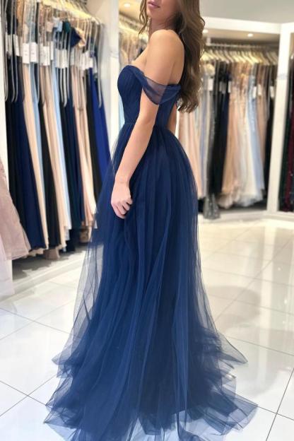 Dark Navy Long A-line Strapless Off the Shoulder Tulle Prom Dress - YESBABYONLINE