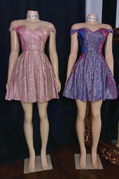 Short Off the Shoulder A-line Sequined Prom Dresses - YESBABYONLINE