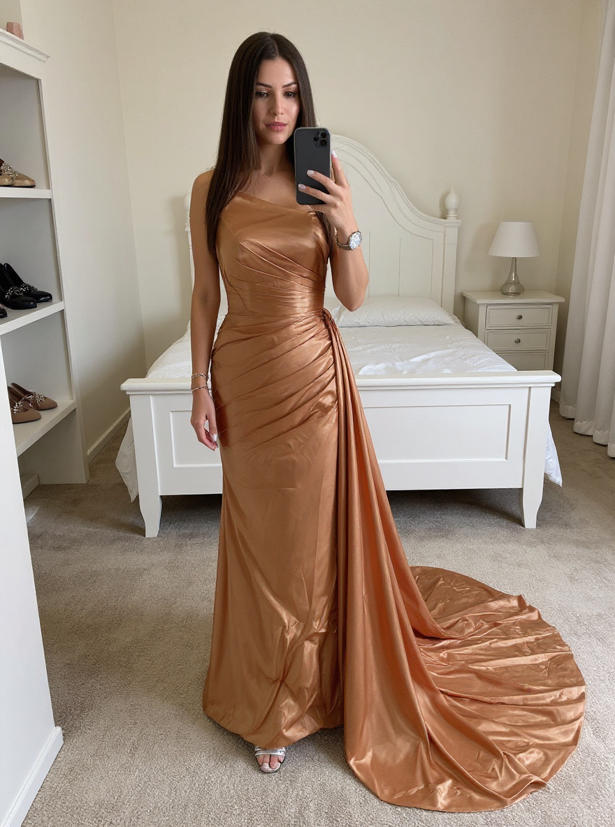 Long Sleeveless Satin Mermaid Formal Prom Dresses with Side Train
