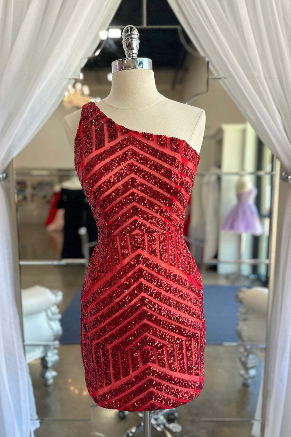 Fuchsia One Shoulder Sequins Tight Short Homecoming Dress