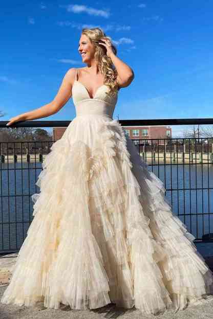 Princess Pink Strappy Frill-Layered A-Line Long Prom Dress