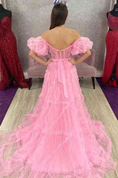 Princess Off-Shoulder Light Blue Ruffle Long Prom Dress with Balloon Sleeves