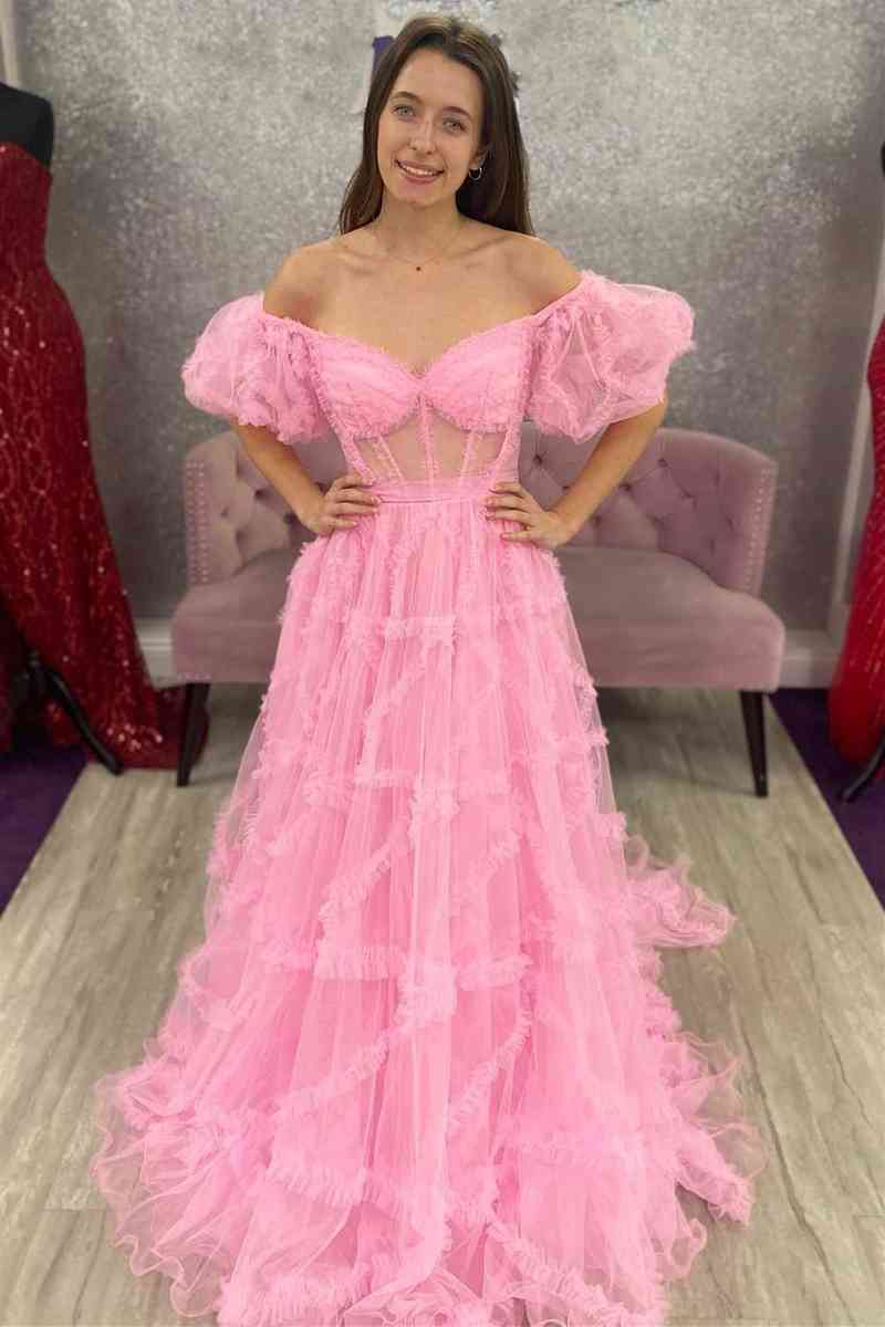 Princess Off-Shoulder Light Blue Ruffle Long Prom Dress with Balloon Sleeves