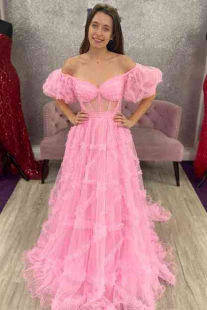 Princess Off-Shoulder Light Blue Ruffle Long Prom Dress with Balloon Sleeves