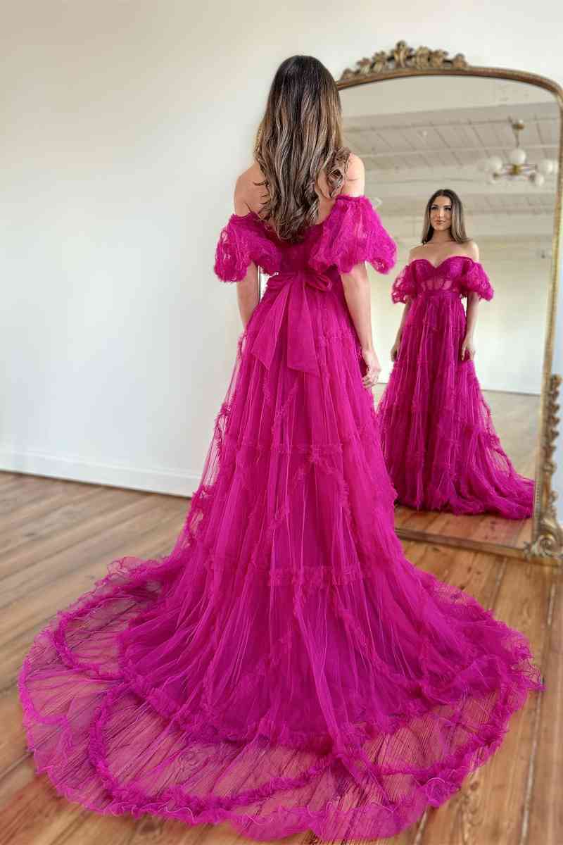 Princess Off-Shoulder Light Blue Ruffle Long Prom Dress with Balloon Sleeves