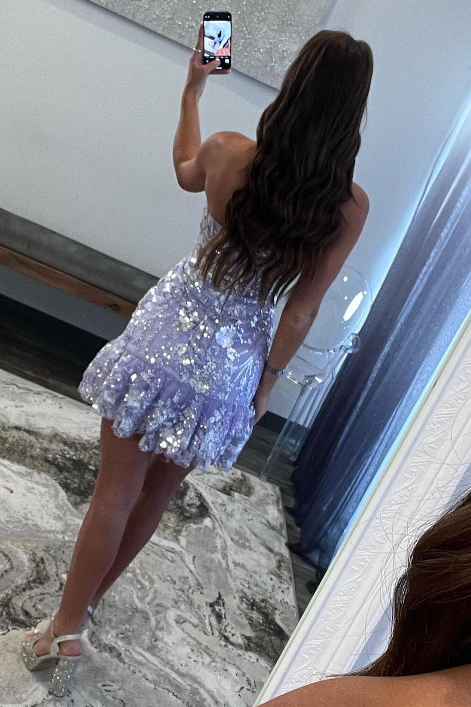 Strapless Lavender Sequin Appliques Short Homecoming Dress with Ruffle Hem