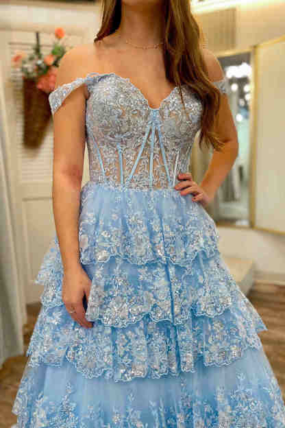 Lace-Up Gold Off the Shoulder Corset Tiered Ball Gown