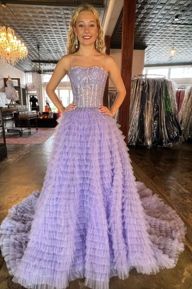Straps Red Sequin Appliques Layered Tulle Ball Gown