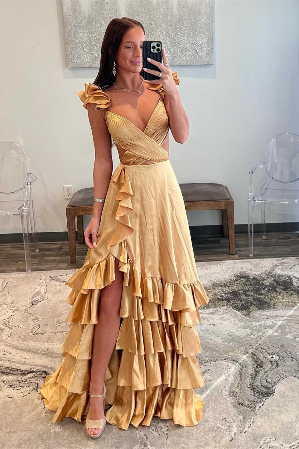 Ruffled Straps Red Pleated Layered Long Prom Dress