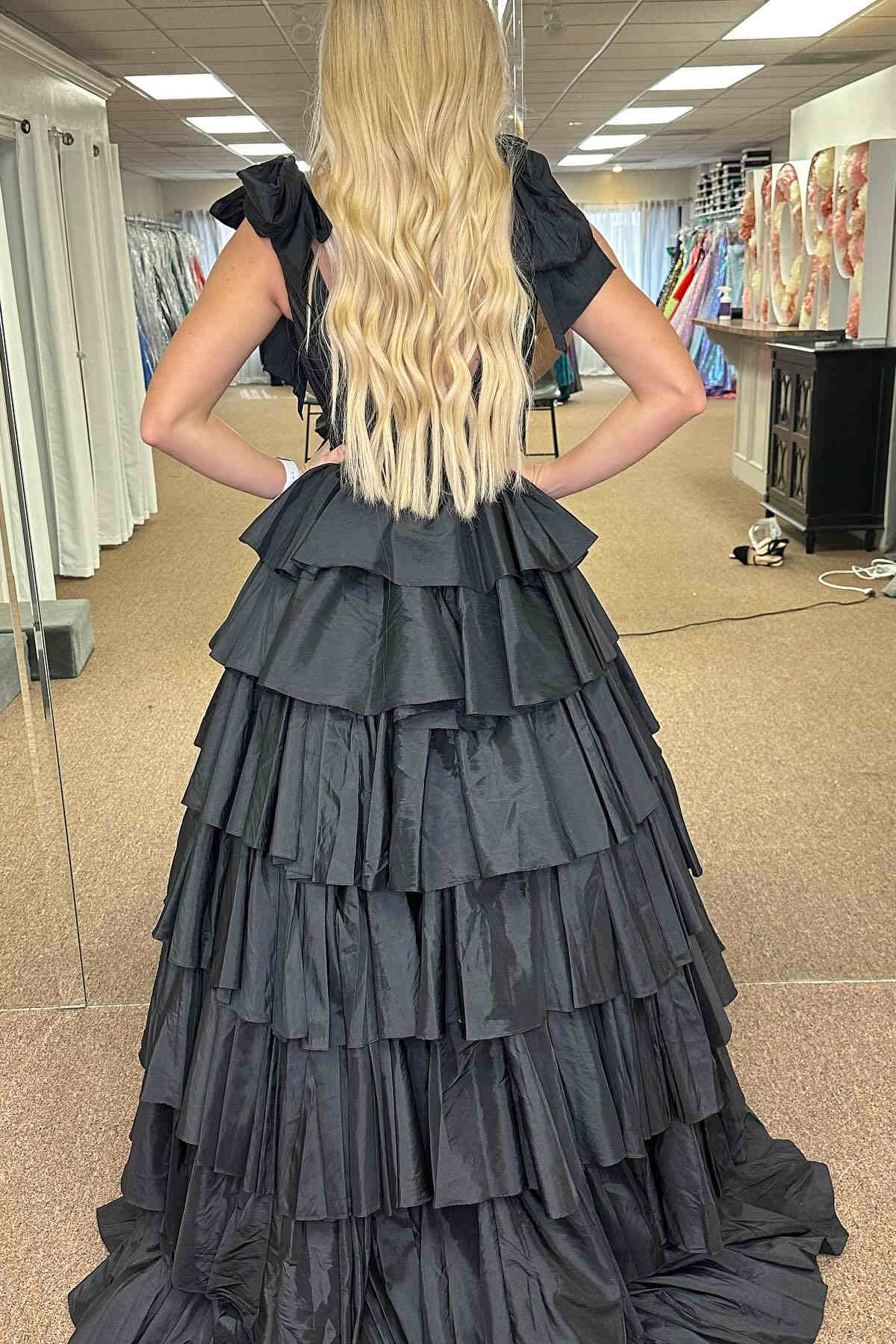Plunging V-Neck Fuchsia Bow Straps Ruffle Ball Gown