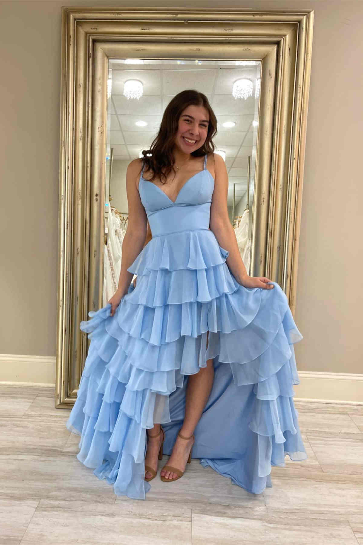 V-Neck Straps Fuchsia Ruffle Chiffon Prom Dress with Slit
