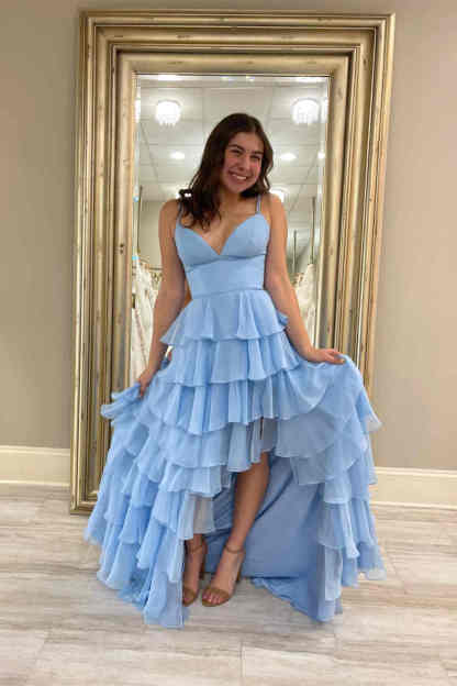V-Neck Straps Fuchsia Ruffle Chiffon Prom Dress with Slit